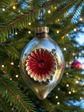 Vintage Mercury Glass Teardrop Reflector Christmas Ornament Red Silver Blue 3”